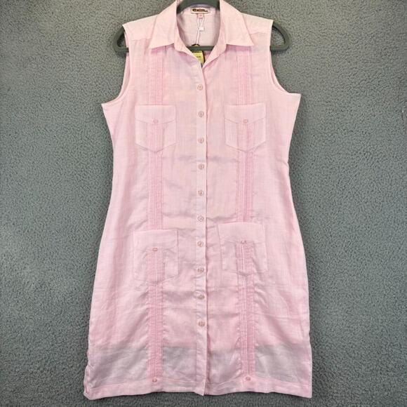 100% Linen Dress Medium Pink Beachy Coastal Natural Halter Pockets Shirt Dress - Picture 1 of 12